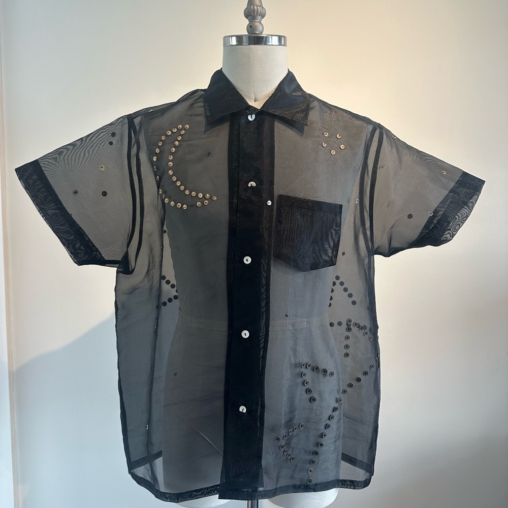 Men's Sheer Black Studded Button Down Shirt